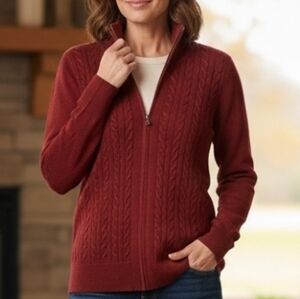 Talbots Red Cable Knit Full Zip Cardigan Sweater - Wool Blend - Size M